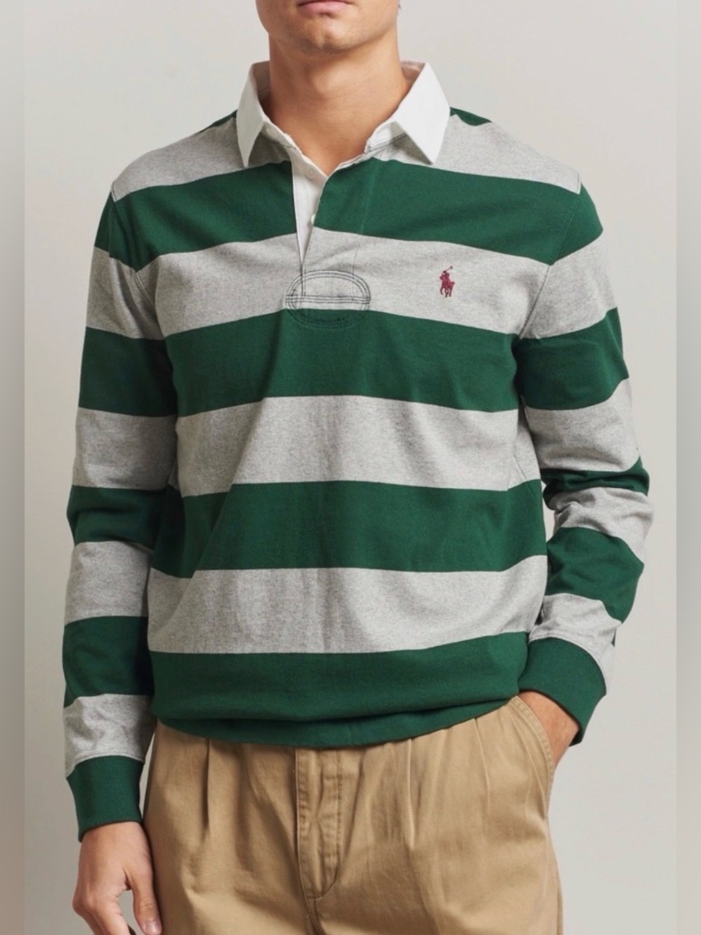 Polo Ralph Lauren GREEN & GRAY STRIPED Classic Fit Rugby Long Sleeve Shirt